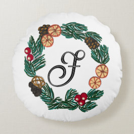 カスタマイズ可能なリースを備えたクリスマスイニシャル ラウンドクッション