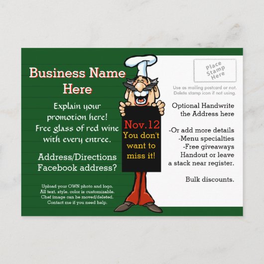 カスタマイズ可能なレストランのプロモーション。 郵送物かハンドアウト 案内ポストカード (裏面)