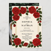 カスタマイズ可能なレッドローズ結婚式招待状 | エレガント 招待状 (正面/裏面)