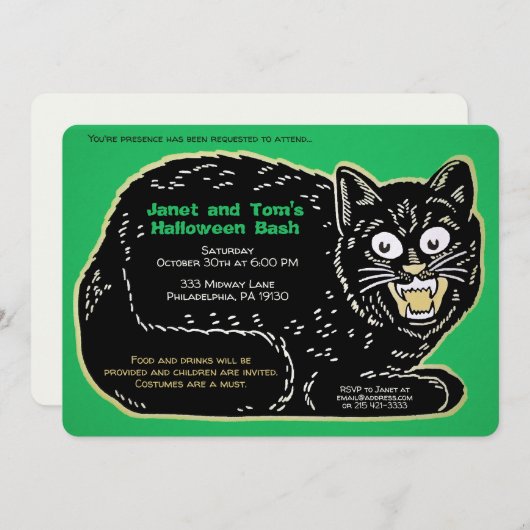 カスタマイズ可能なレトロハロウィーン猫 招待状 (正面/裏面)