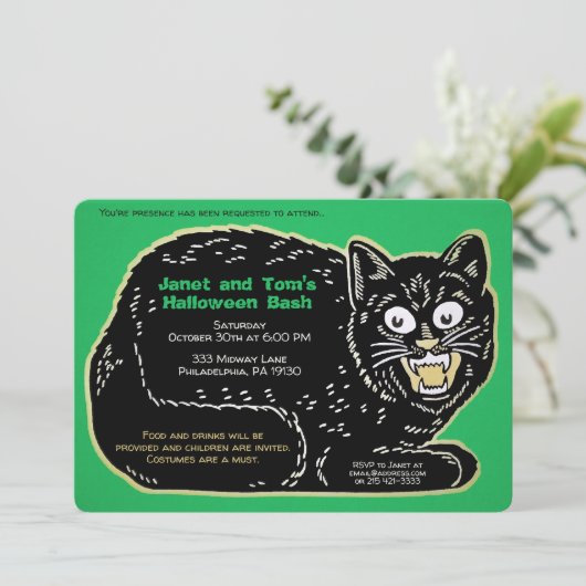 カスタマイズ可能なレトロハロウィーン猫 招待状 (スタンド正面)