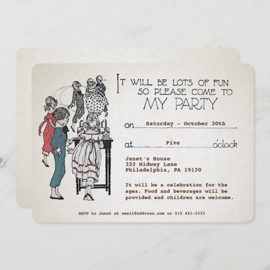 カスタマイズ可能なレトロ子供パーティの招待状 招待状 (正面/裏面)