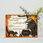 カスタマイズ可能なレトロ魔女ハロウィン招待状 招待状 (スタンド正面)