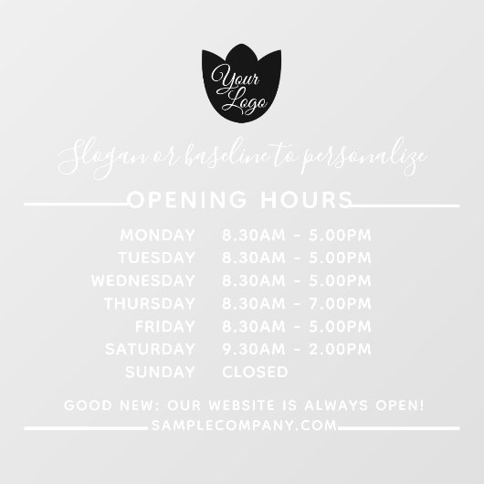 カスタマイズ可能なロゴとテキストの営業時間テンプレート ウィンドウサイン (シート)
