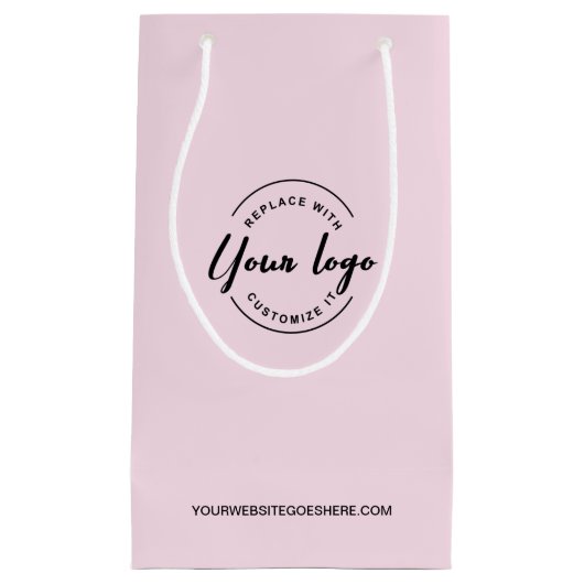 カスタマイズ可能なロゴとWebサイトピンクビジネス スモールペーパーバッグ (正面)