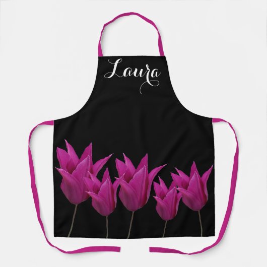 カスタマイズ可能なローラ名かわいらし紫のチューリップフローラ エプロン (正面)