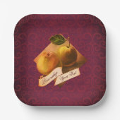 カスタマイズ可能なヴィンテージアップル エレガントな紫のダマスク ペーパープレート (正面)