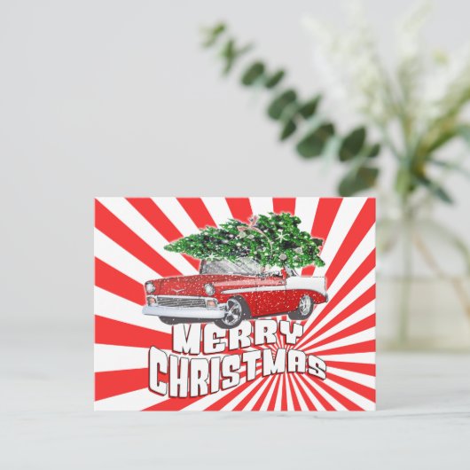 カスタマイズ可能なヴィンテージクラシックレトロ車のクリスマス ポストカード (スタンド正面)
