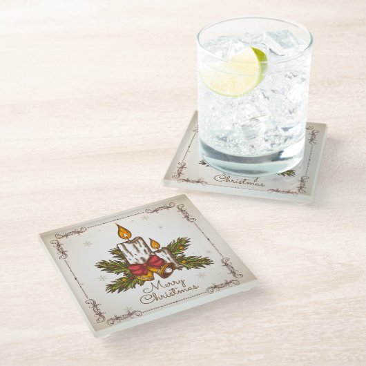 カスタマイズ可能なヴィンテージファミリークリスマスキャンドル ガラスコースター (アングル)