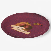 カスタマイズ可能なヴィンテージプラムブルゴーニュのダマスクパターン ペーパープレート (アングル)