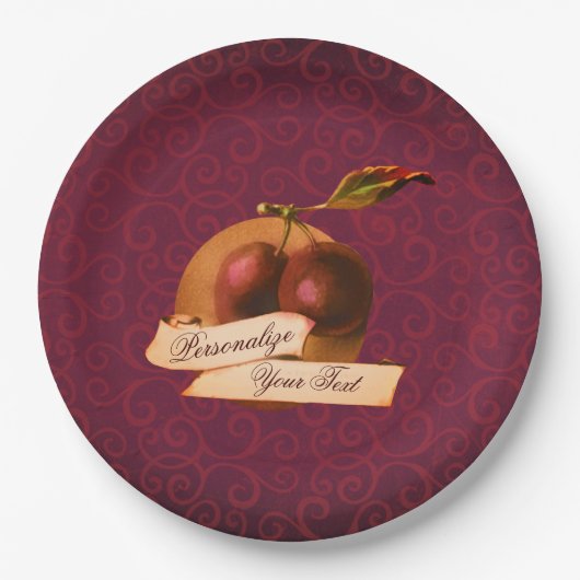 カスタマイズ可能なヴィンテージプラムブルゴーニュのダマスクパターン ペーパープレート (正面)