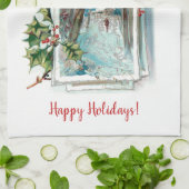 カスタマイズ可能なヴィンテージ冬の雪のシーンとホリー キッチンタオル (折り畳み)