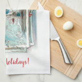 カスタマイズ可能なヴィンテージ冬の雪のシーンとホリー キッチンタオル (四つ折り)