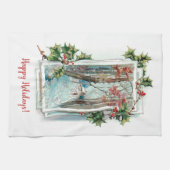 カスタマイズ可能なヴィンテージ冬の雪のシーンとホリー キッチンタオル (横)