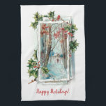 カスタマイズ可能なヴィンテージ冬の雪のシーンとホリー キッチンタオル<br><div class="desc">フェスティバルホリーの枠に囲まれた雪の中に雪の多い森と孤独なハンター歩くを持つ素朴なコテージが並ぶ甘く穏やかなヴィネット。カスタマイズ用のオプションの文字フィールド。</div>