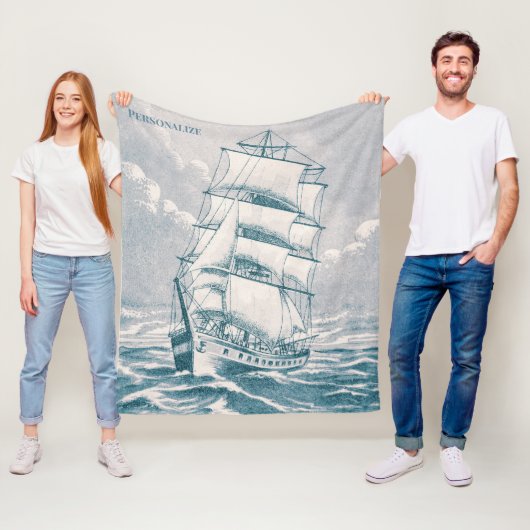 カスタマイズ可能なヴィンテージ帆走船ティール(緑がかった色) 航海の フリースブランケット (インサイチュ)