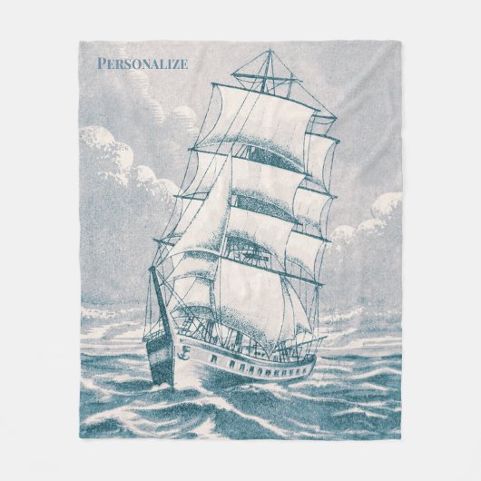 カスタマイズ可能なヴィンテージ帆走船ティール（緑がかった色） 航海の フリースブランケット (正面)