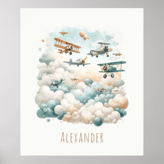 カスタマイズ可能なヴィンテージ航空機と雲のポスター ポスター (正面)
