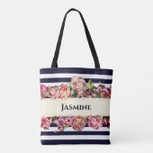 カスタマイズ可能なヴィンテージ モダン フラワー ストライプ ウェディング トートバッグ (裏面)