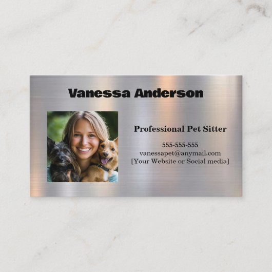 カスタマイズ可能な光沢のある金属テクスチャペットシッター 名刺 (正面)