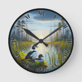 カスタマイズ可能な共通のゴルデンアイアヒルでサンセットローン ラウンド壁時計 (正面)