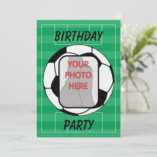 カスタマイズ可能な写真のサッカーボールのパーティの招待状 招待状 (スタンド正面)