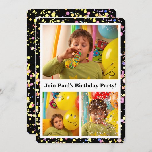 カスタマイズ可能な写真紙吹雪デザイン誕生日パーティー 招待状 (正面/裏面)