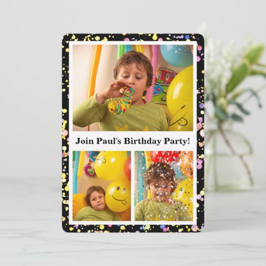 カスタマイズ可能な写真紙吹雪デザイン誕生日パーティー 招待状 (スタンド正面)