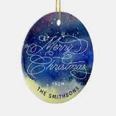 カスタマイズ可能な写真 かわいい ネイビーブルー メリークリスマス セラミックオーナメント (右)