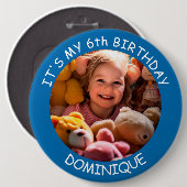 カスタマイズ可能な写真、名前、年齢の誕生日ボタン 缶バッジ (正面&裏面)