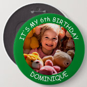 カスタマイズ可能な写真、名前、年齢の誕生日ボタン 缶バッジ (正面&裏面)