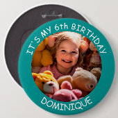 カスタマイズ可能な写真、名前、年齢の誕生日ボタン 缶バッジ (正面&裏面)