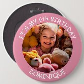 カスタマイズ可能な写真、名前、年齢の誕生日ボタン 缶バッジ (正面&裏面)