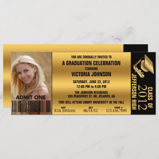 カスタマイズ可能な卒業式受付チケット招待状 招待状 (正面/裏面)