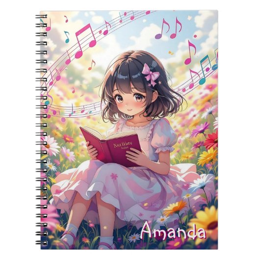 カスタマイズ可能な可愛いアニメの女の子が本を読むデザイン ノートブック (正面)