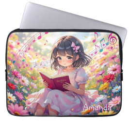 カスタマイズ可能な可愛いアニメの女の子が本を読むデザイン ラップトップスリーブ