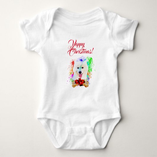 カスタマイズ可能な可愛いサモエードドッグヤッピーのクリスマス ベビーボディスーツ (正面)