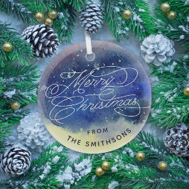 カスタマイズ可能な名前かわいいネイビーブルーメリークリスマス ガラスオーナメント