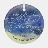 カスタマイズ可能な名前かわいいネイビーブルーメリークリスマス ガラスオーナメント (正面)
