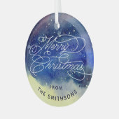 カスタマイズ可能な名前かわいいネイビーブルーメリークリスマス ガラスオーナメント (正面左)