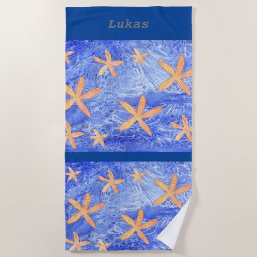 カスタマイズ可能な名前のヒトデおよび水効果 ビーチタオル (正面)