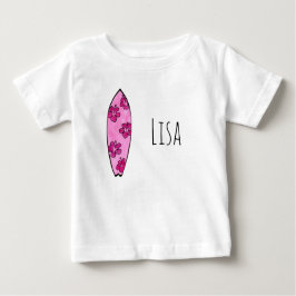 カスタマイズ可能な名前のピンクハイビスカスサーフボード ベビーTシャツ