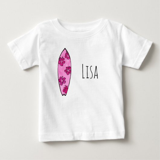カスタマイズ可能な名前のピンクハイビスカスサーフボード ベビーTシャツ (正面)