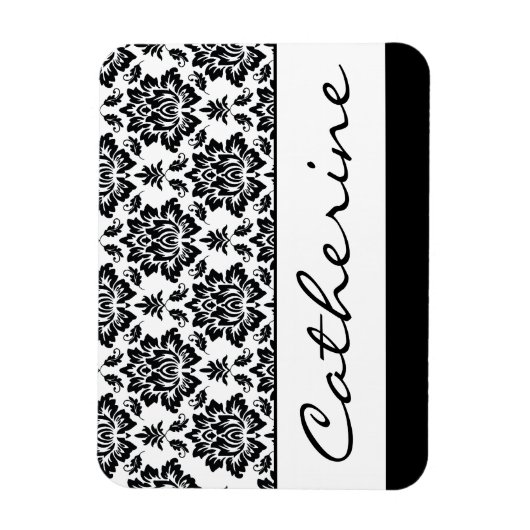 カスタマイズ可能な名前の白黒のダマスク マグネット (縦)