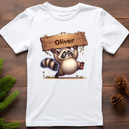 カスタマイズ可能な名前の看板を持つ太ったアライグマ  Tシャツ