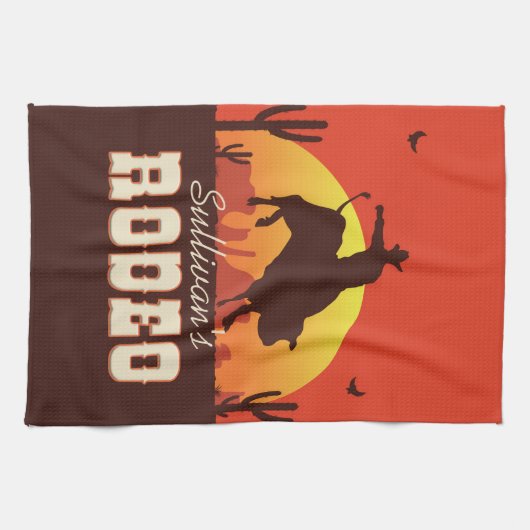 カスタマイズ可能な名前ウエスタンカウボーイブルライダーロデオ キッチンタオル (横)