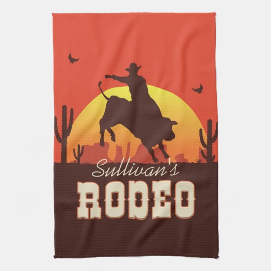 カスタマイズ可能な名前ウエスタンカウボーイブルライダーロデオ キッチンタオル (縦)