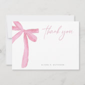 カスタマイズ可能な名前ピンクボウ結婚のブライダルシャワー サンキューカード (正面)