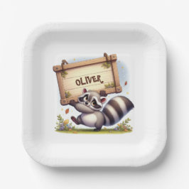 カスタマイズ可能な名前記号を持つ可愛いアライグマ ペーパープレート
