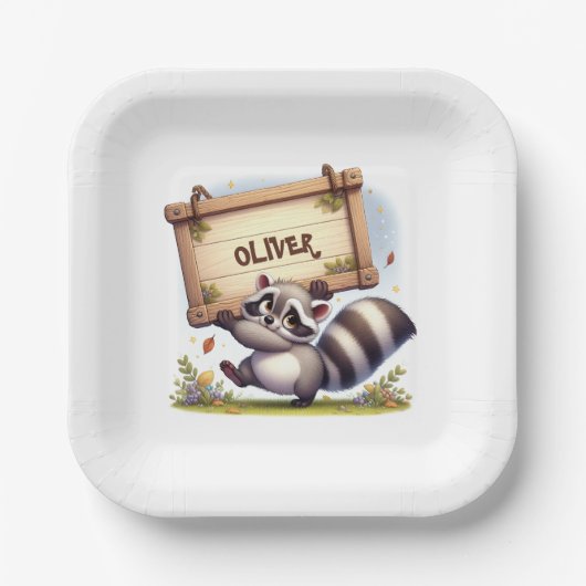 カスタマイズ可能な名前記号を持つ可愛いアライグマ ペーパープレート (正面)